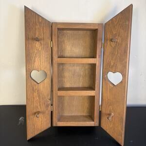 Vtg Wooden Heart Shelf 18.5” Wall Curio Cabinet Peg Rack Cottagecore